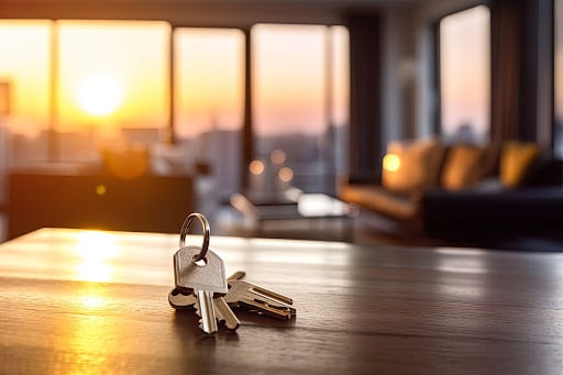 A pair of keys lying on a table in an apartment with the backdrop of a city skyline